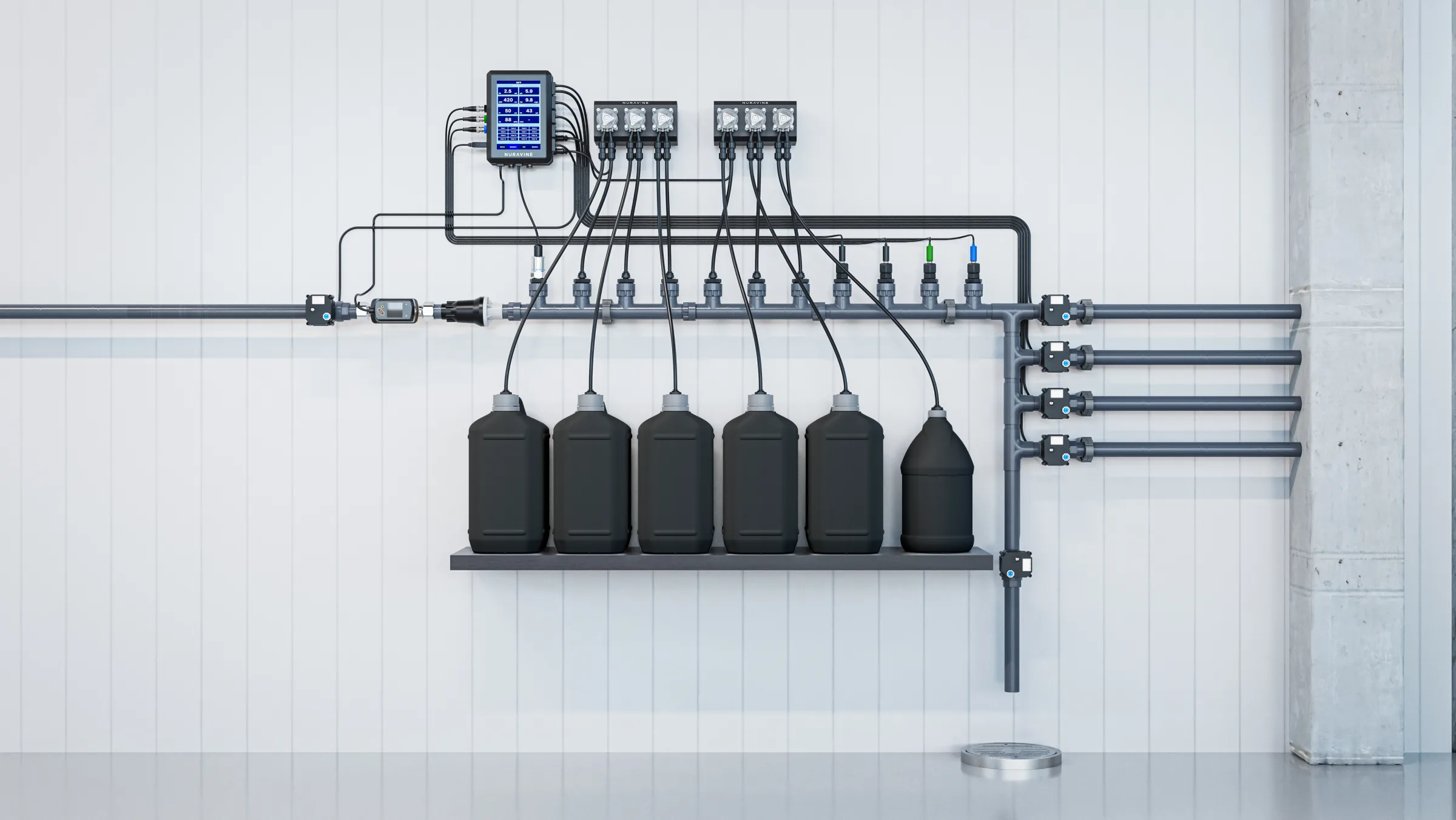Nuravine Aurora II with two Elixir modules inline dosing from six nutrient jugs into a multi-zone system