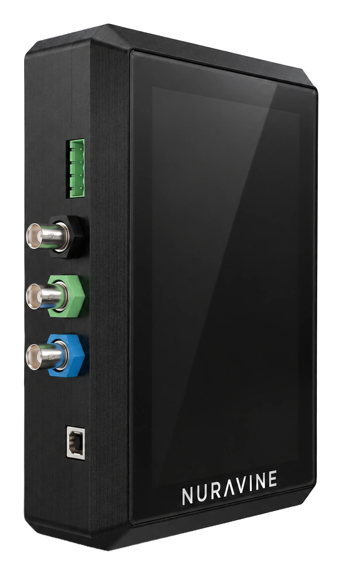 Nuravine Aurora II controller showing the touchscreen and color-coded sensor ports