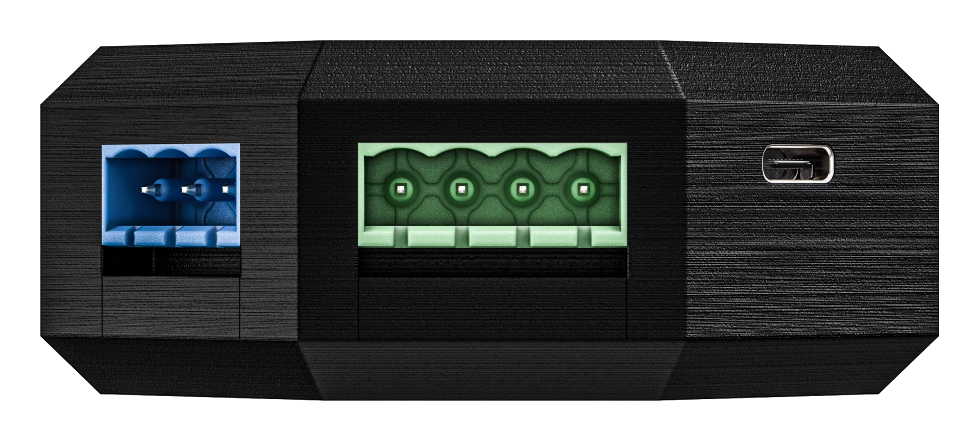 Nuravine Ra RS-485 controller showing the green control and temperature terminal blocks