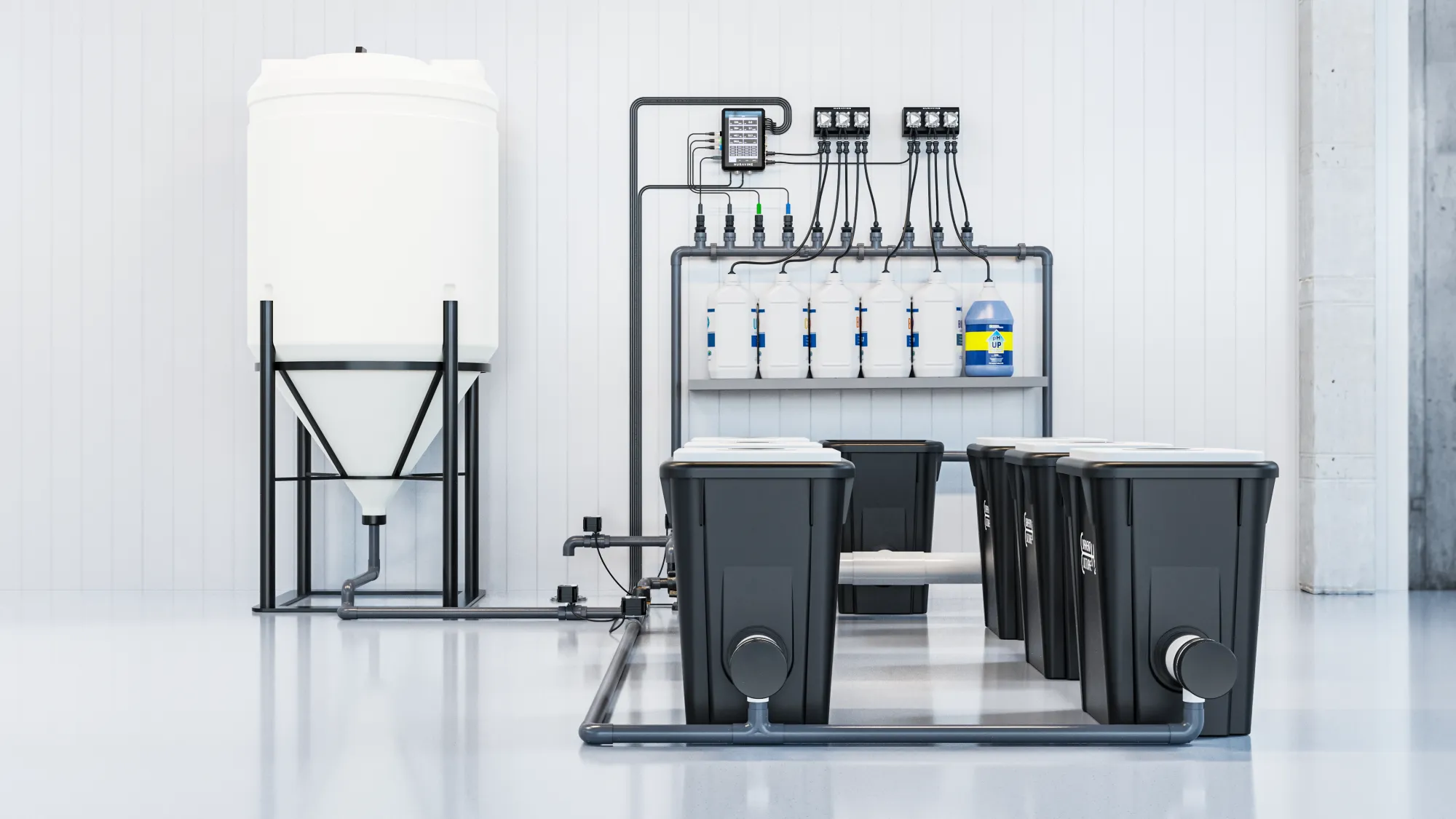 A recirculating system with automated filling, draining, and changeouts, fed from a central tank and one doser