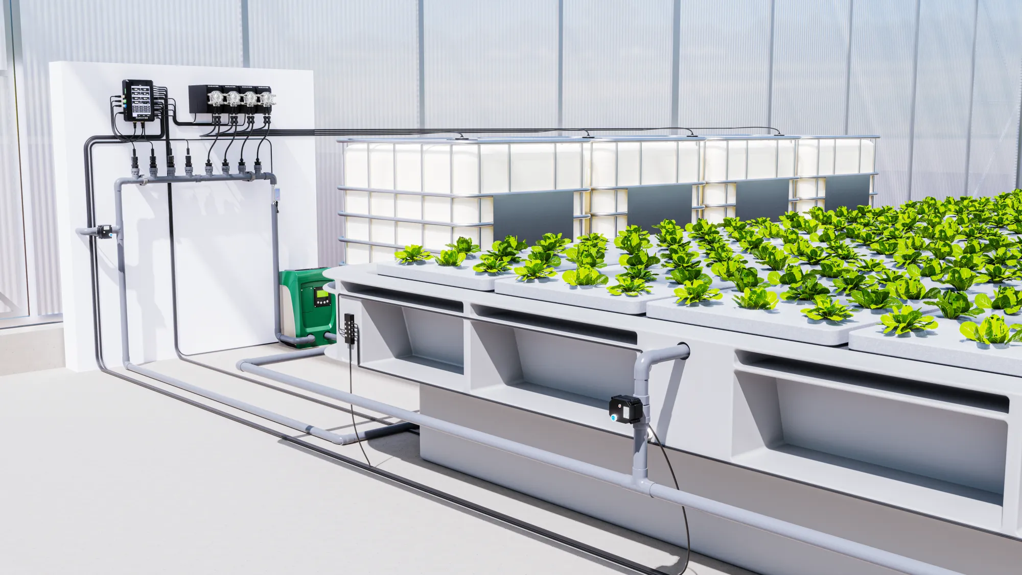 Nuravine dosing manifold controlling five IBC reservoirs and rows of lettuce in a recirculating greenhouse