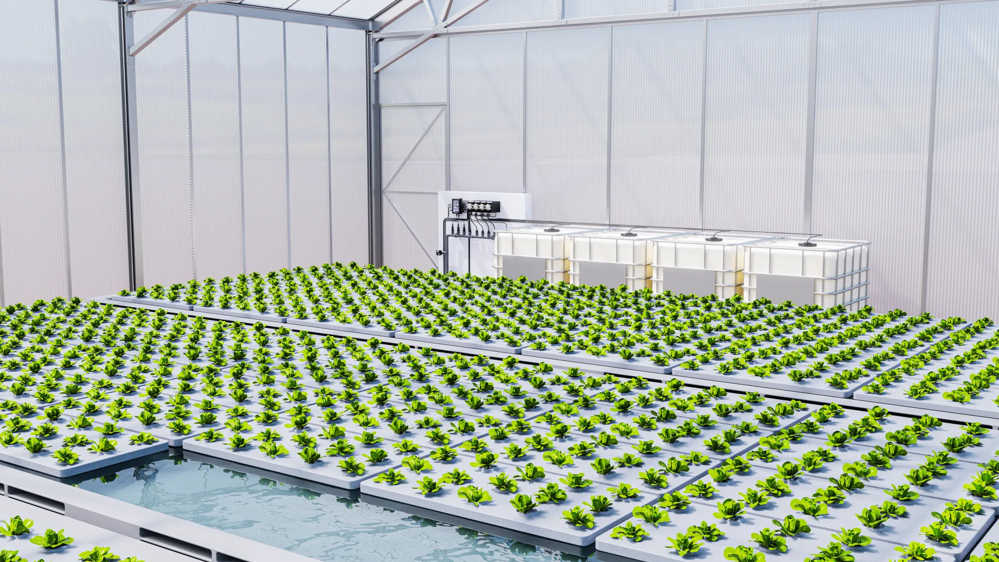 A massive greenhouse-scale DWC raft table filled with lettuce, fed by IBC tote reservoirs and a Nuravine dosing station