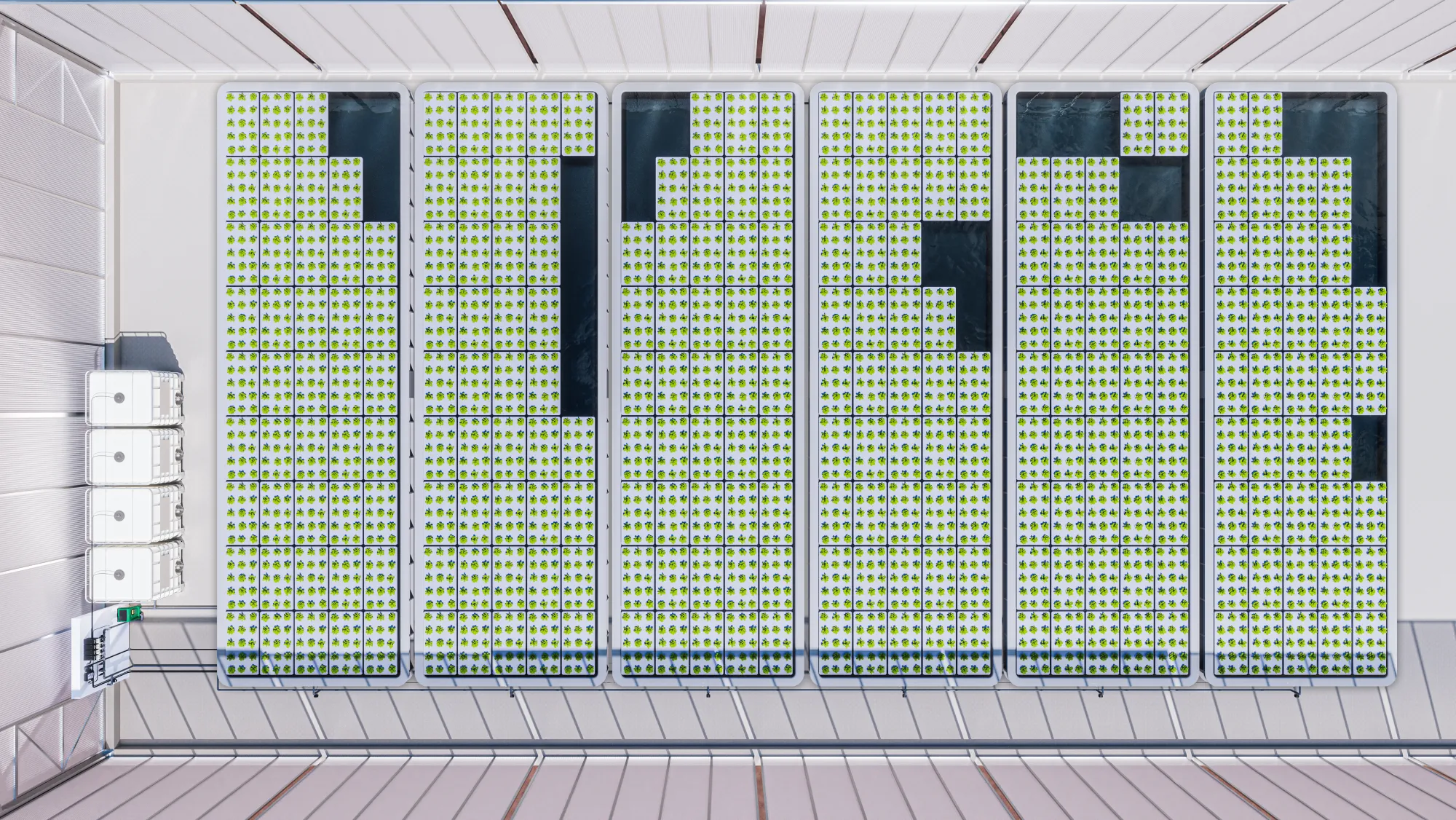 Six large DWC pools in one grow room, all fed and monitored from a single Nuravine dosing stack