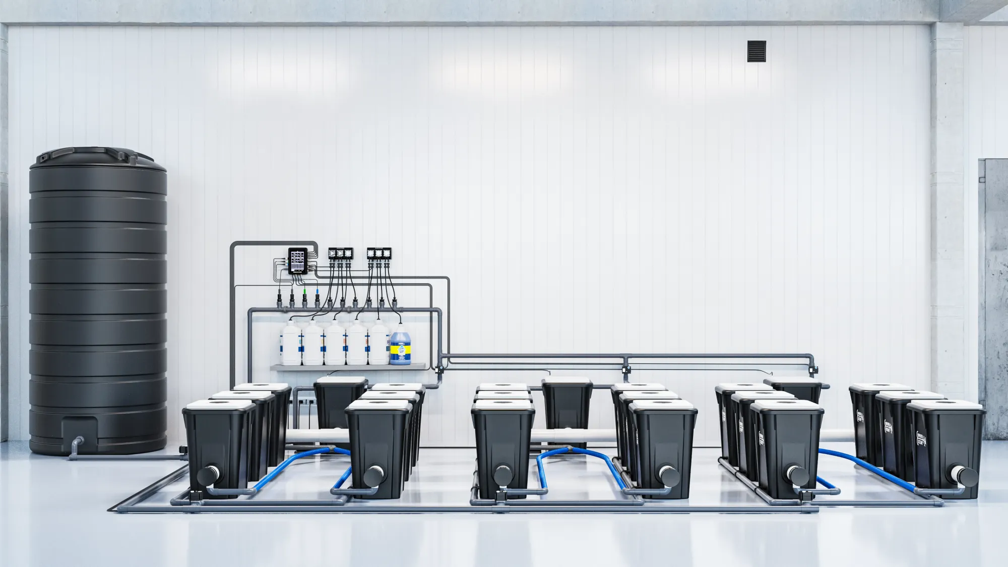 One Nuravine doser running three separate recirculating systems, each on its own recipe