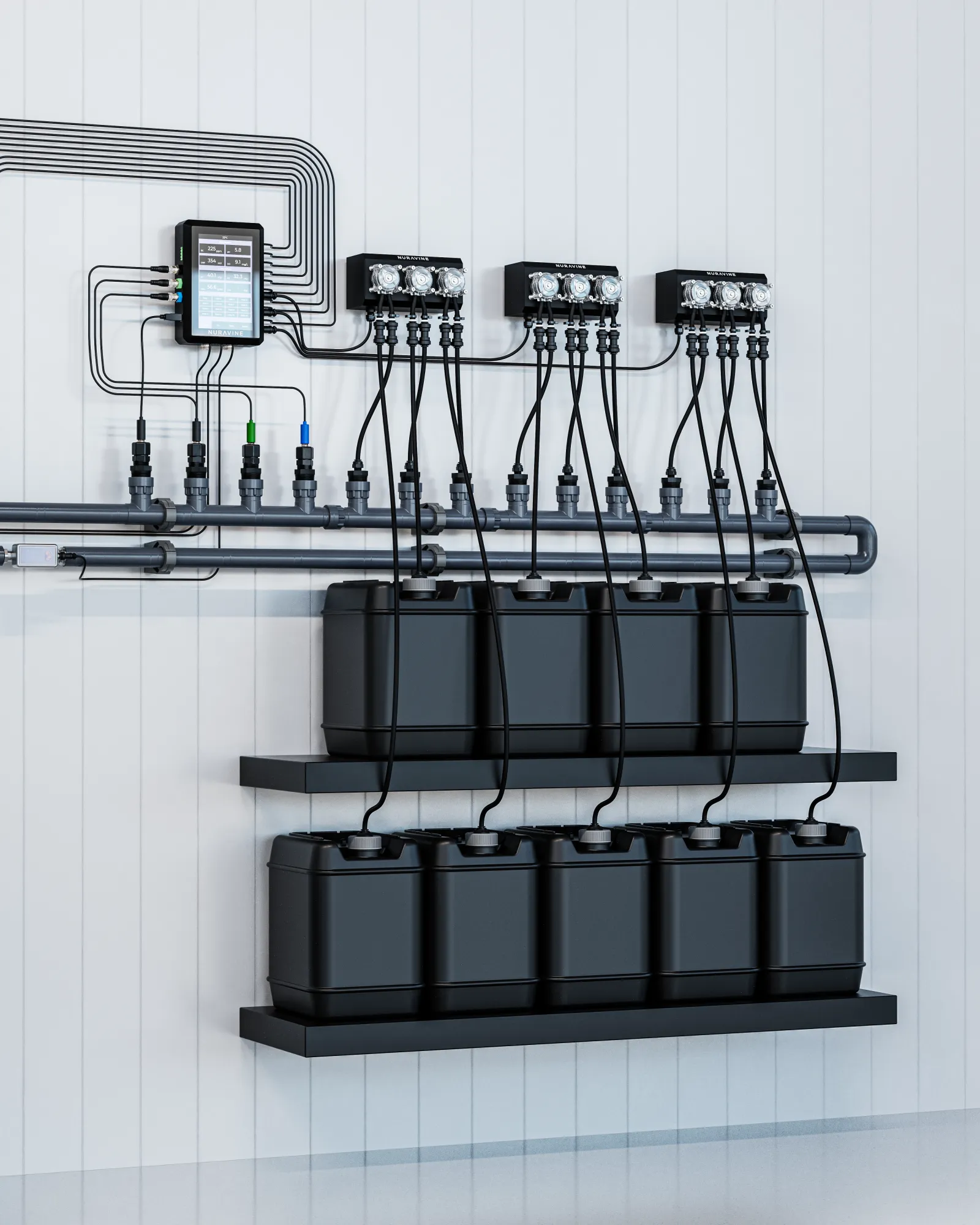 Close view of Nuravine dosing pumps, controller, and nutrient jugs on a mixing wall