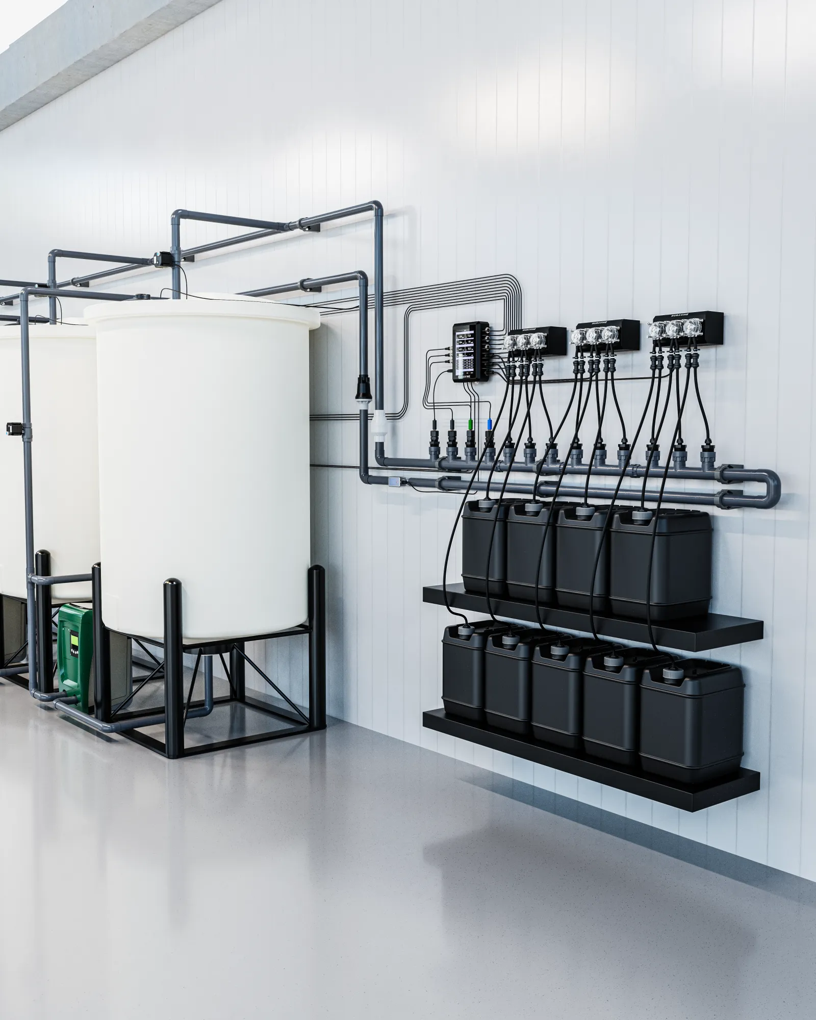 Nuravine batch tank beside a dosing wall of pumps, controller, and nutrient jugs