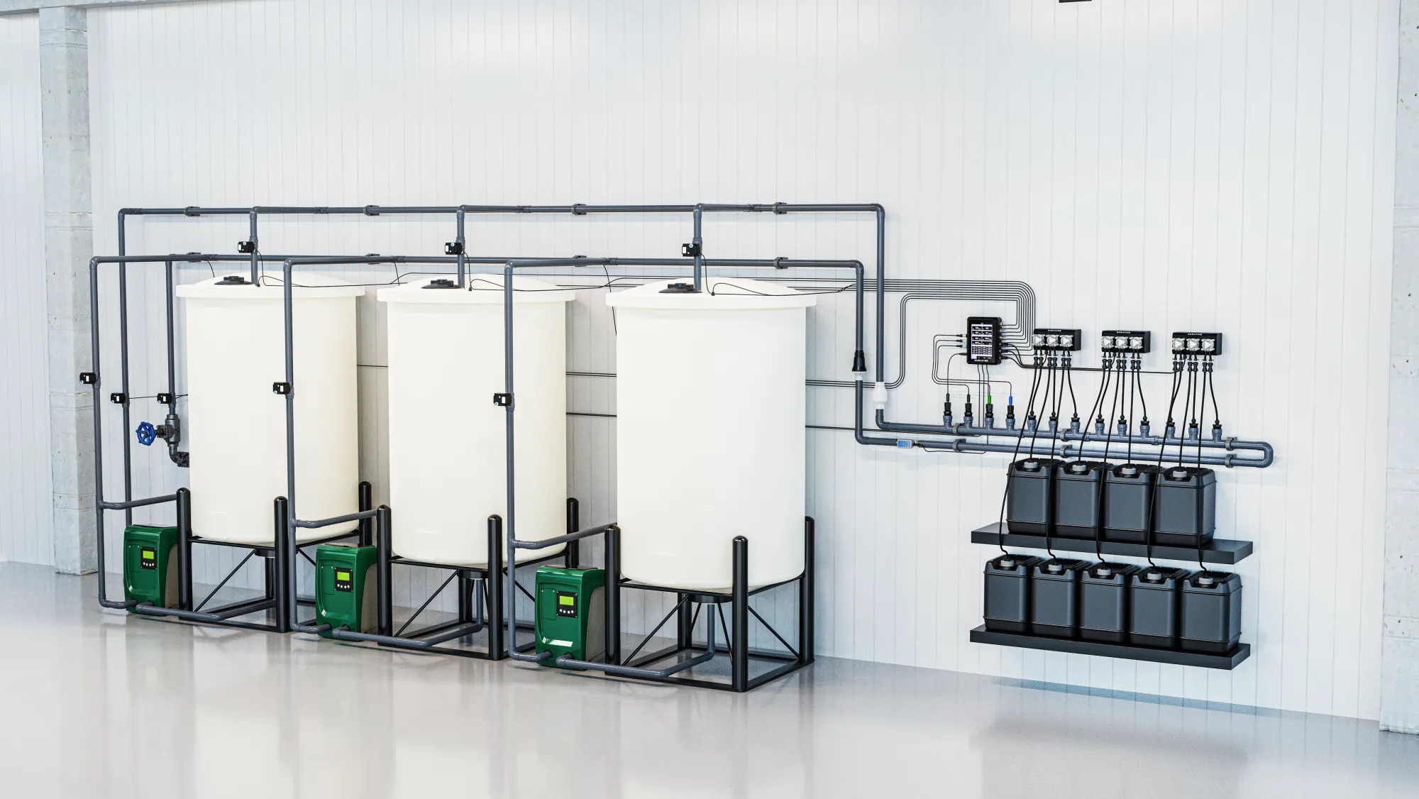 Nuravine multi-tank batch dosing wall with three mixing tanks, Elixir pumps, and nutrient jugs feeding multiple zones
