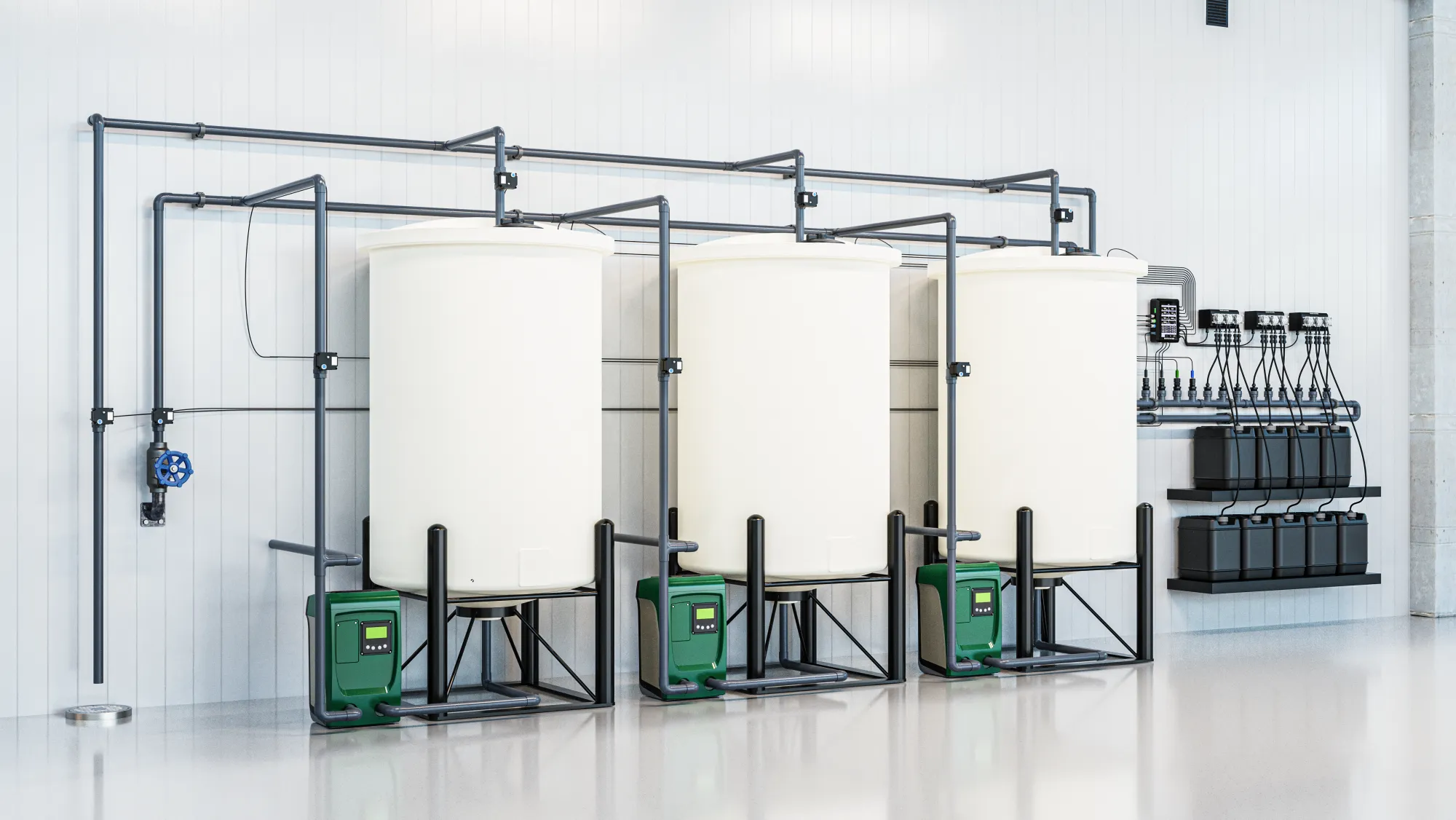 Nuravine multi-tank batch dosing wall with three mixing tanks, Elixir pumps, and nutrient jugs feeding multiple zones