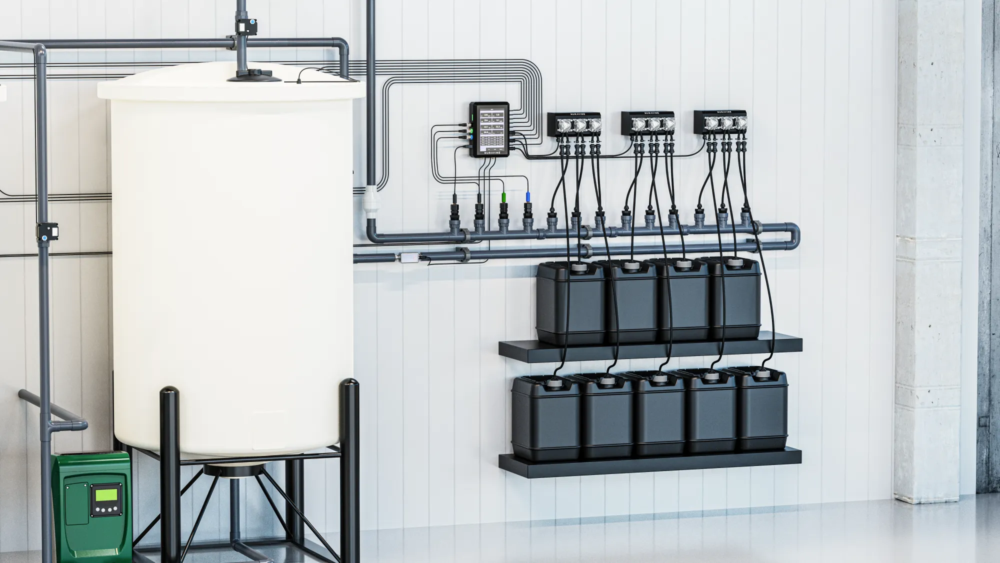 Close view of Nuravine nutrient jugs, dosing pumps, and controller on a mixing wall