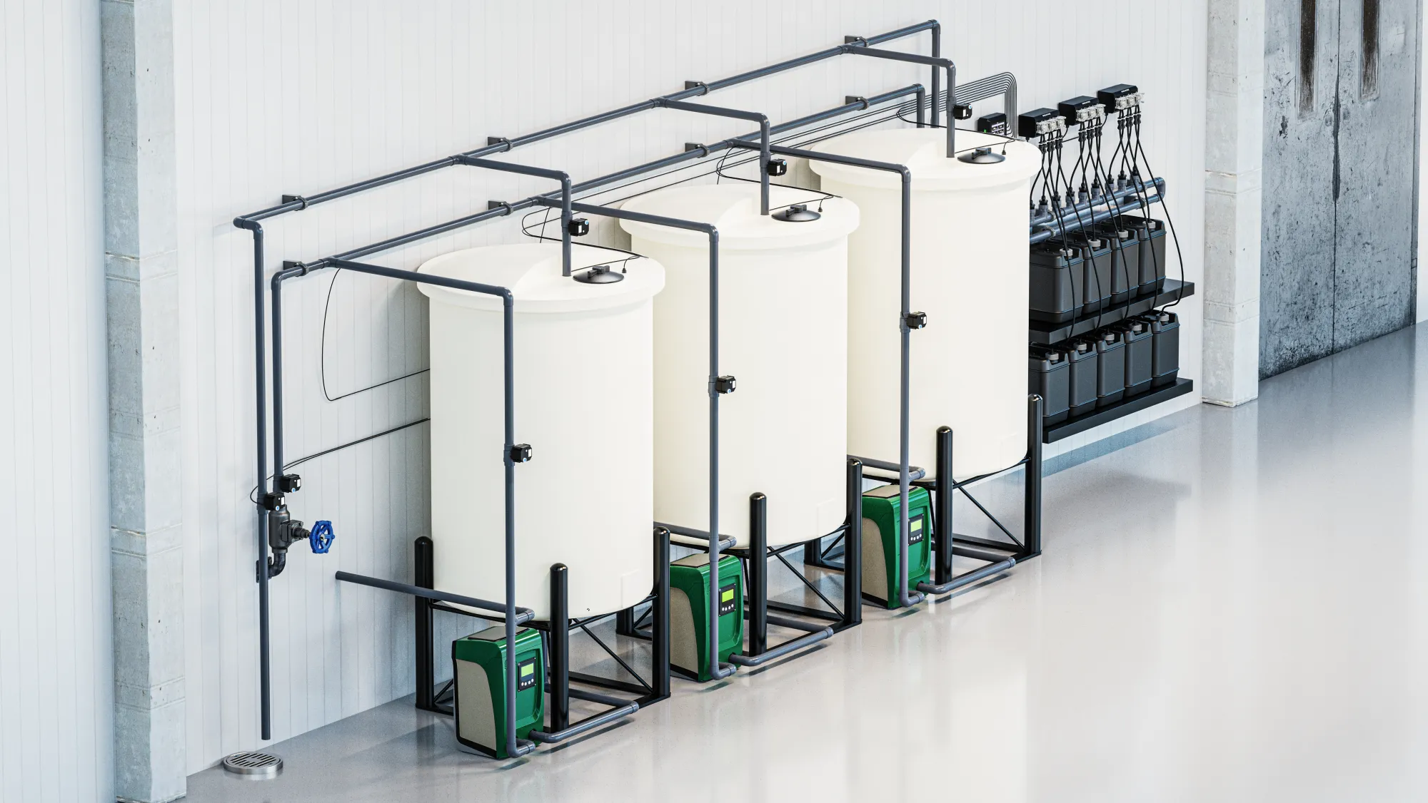 Three Nuravine batch tanks and a dosing wall viewed from an angle, showing pumps, controller, and nutrient jugs