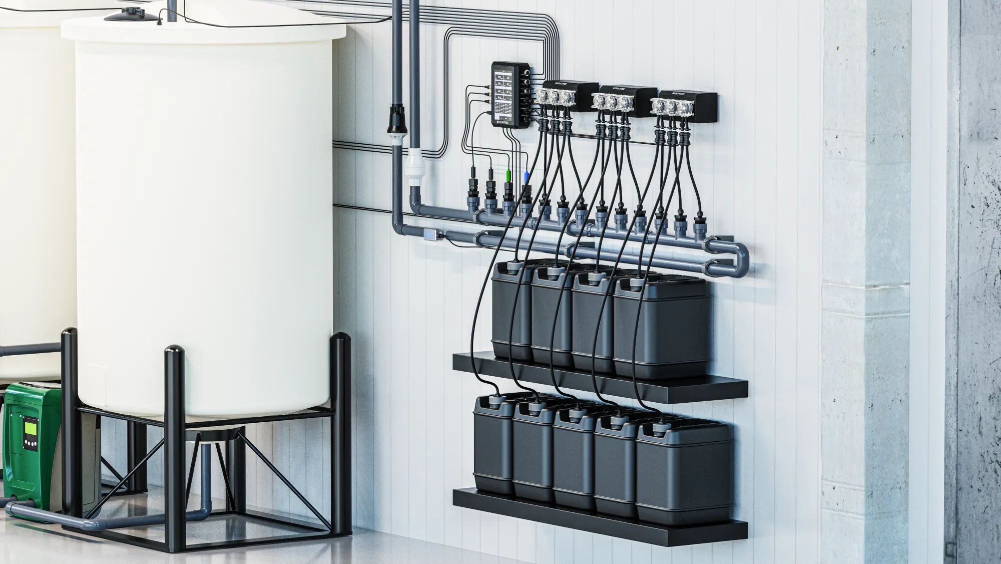 Close view of a Nuravine dosing wall with pumps, controller, and nutrient jugs beside a batch tank