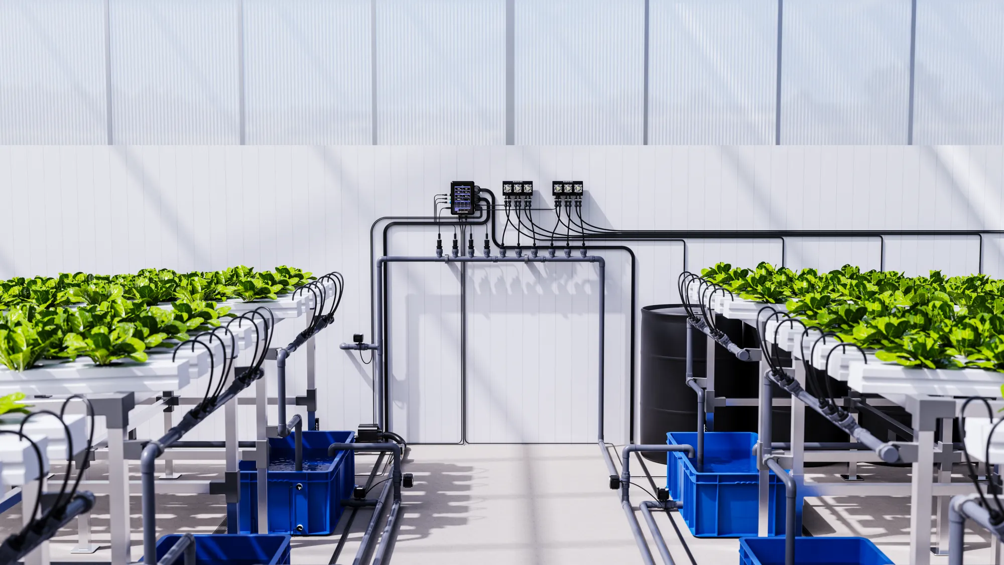 Central dosing station feeding automated top-off and drain lines to individual reservoirs on each side of the greenhouse, each running its own NFT table