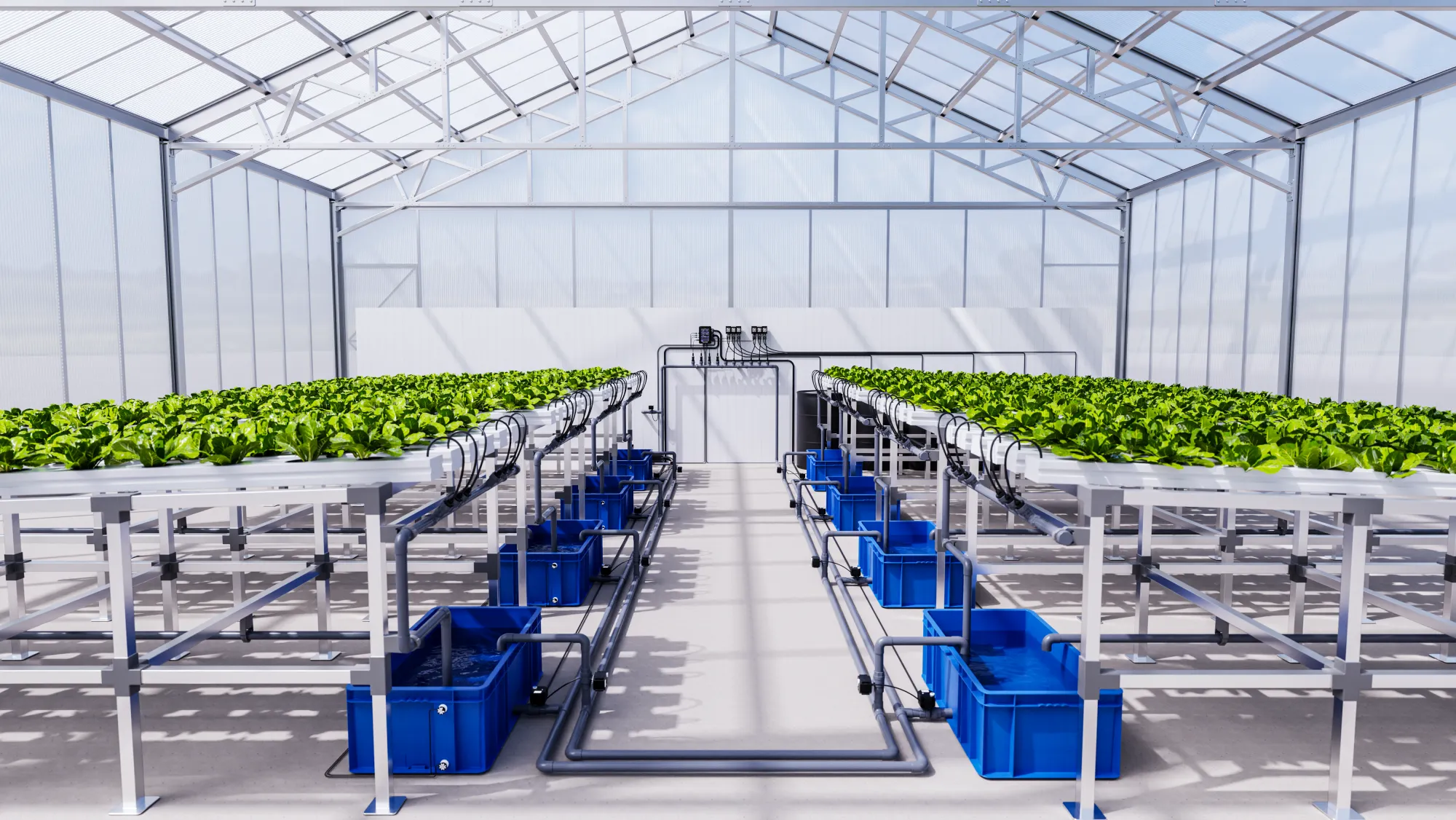 Rows of NFT tables in a greenhouse, each with its own reservoir and pump, feeding from one central dosing station