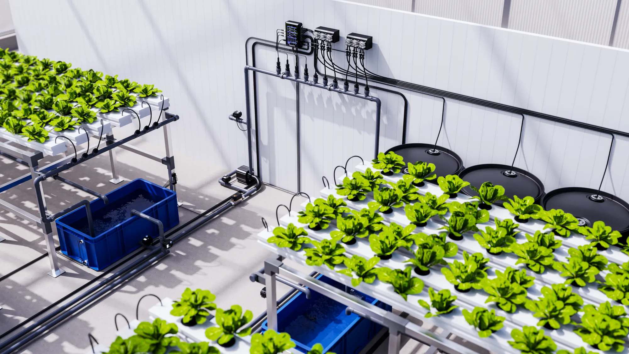 Wall-mounted dosing station with individual lines running out to each NFT reservoir