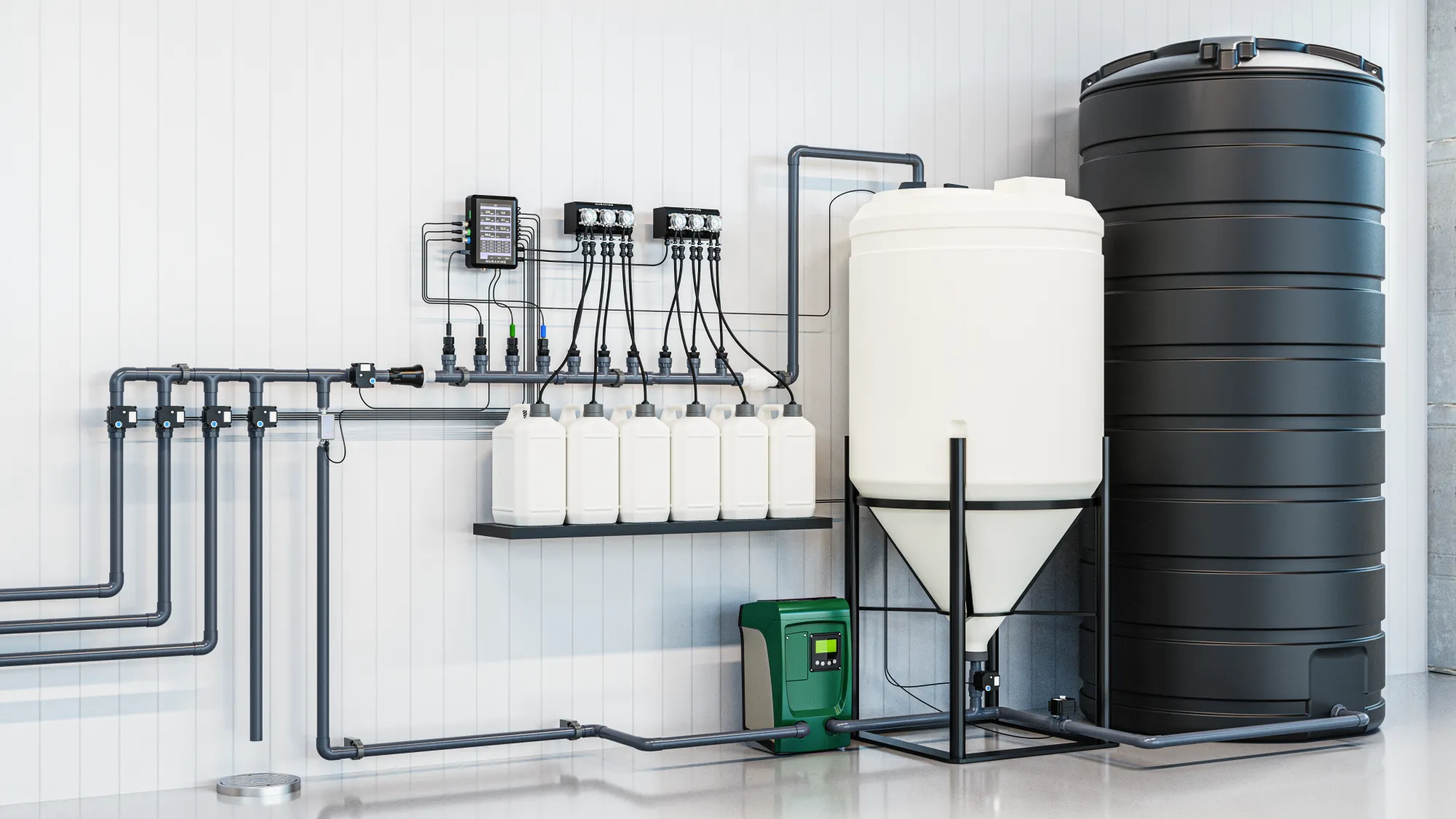 Nuravine single-tank batch dosing system with a conical mixing tank, reservoir, and a dosing wall of pumps and nutrient jugs
