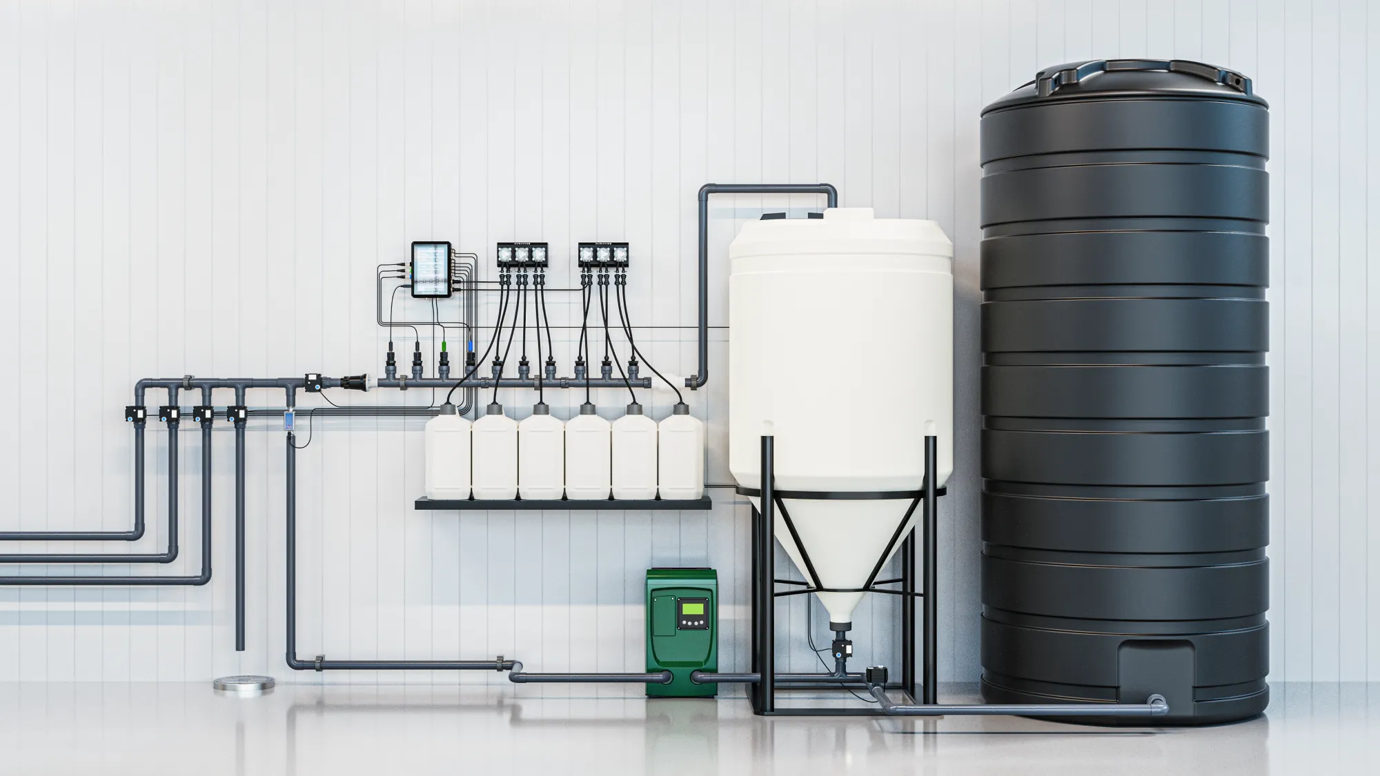 Nuravine mixing tank and reservoir beside a dosing wall of pumps and nutrient jugs